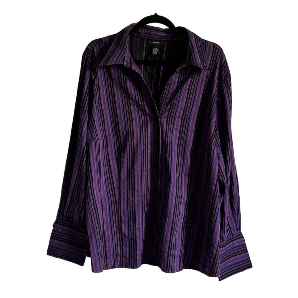 Alfani Womens Striped Button Shirt 22W Cotton Blend Purple Long Sleeve Career